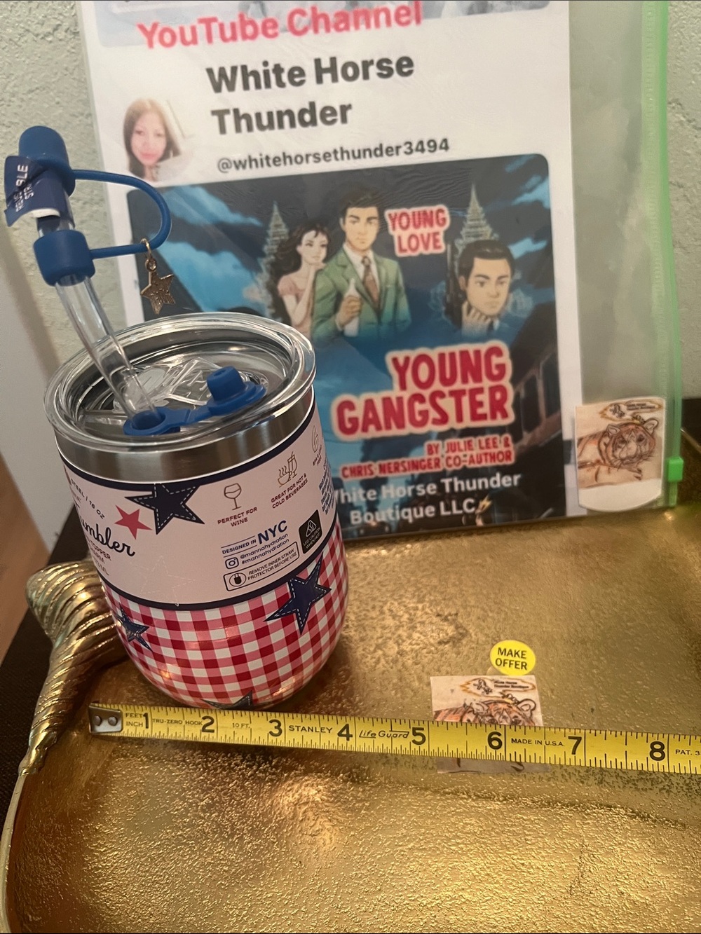 #2238*”4x6”Manna Wine Tumbler W/ Straw Topper - Blue & Red Gingham Stars - Picture 5 of 17